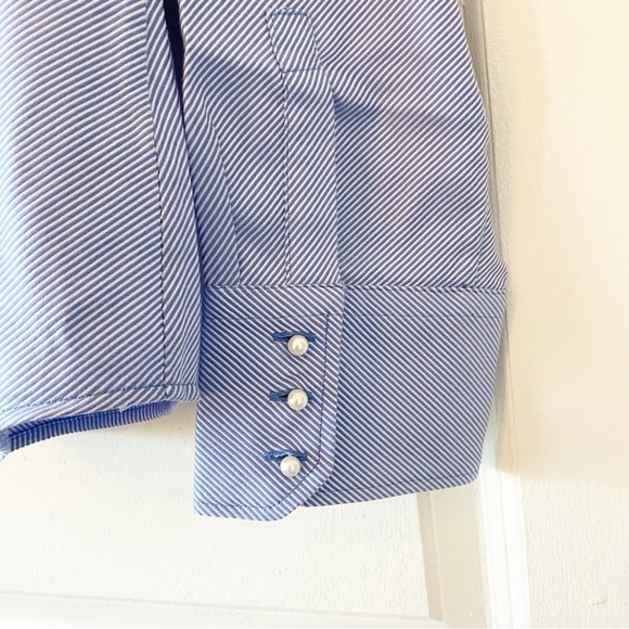 TALBOTS Blue Pinstripe Pearl Button Up Blouse NWOT Career - Picture 5 of 8